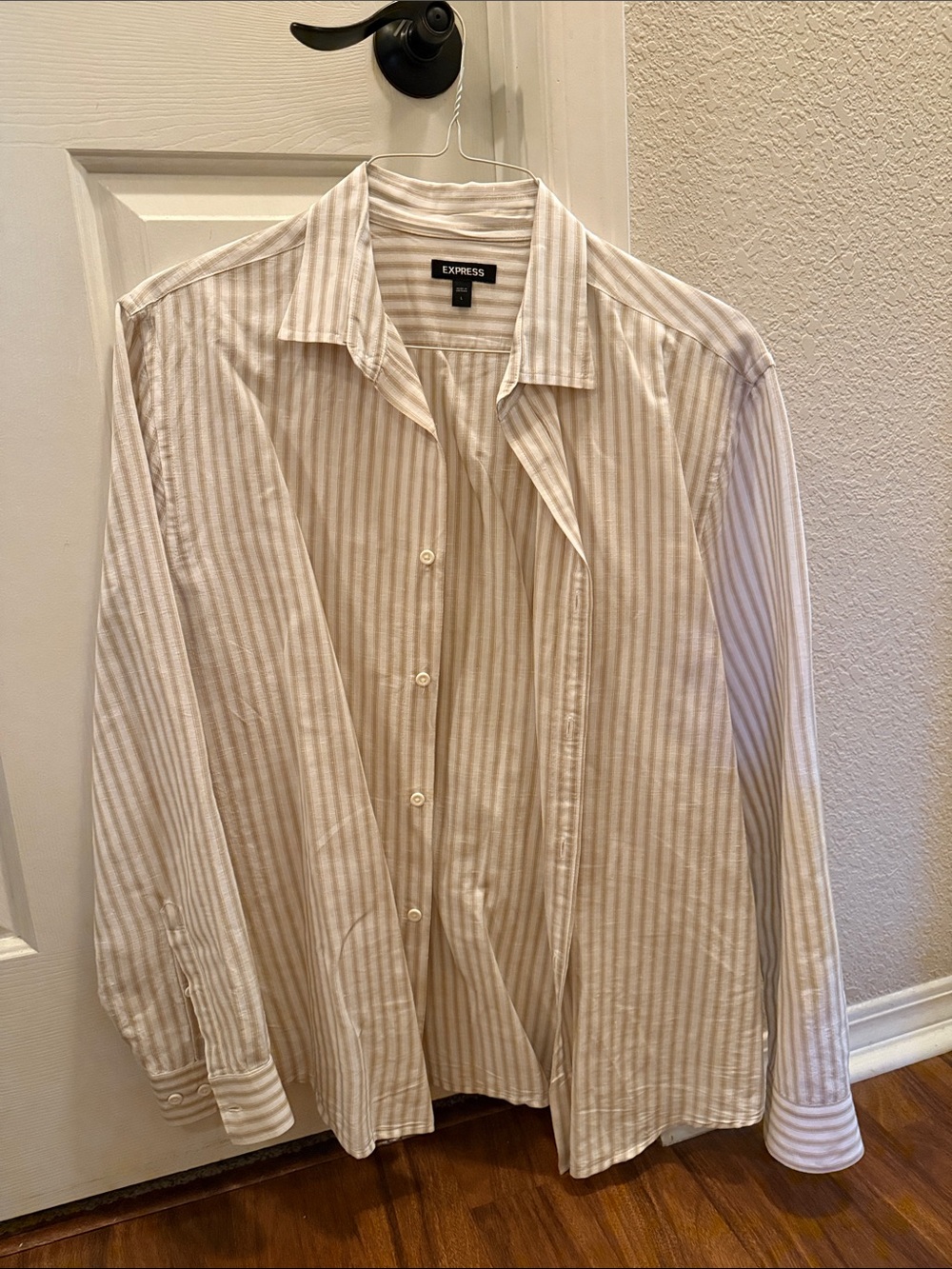 Express Men's Beige & White Striped Dress Shirt